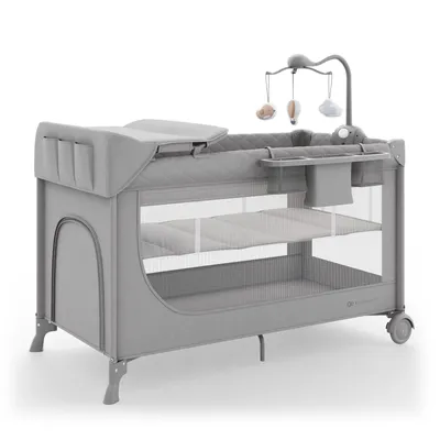 Immagine prodotto di Kinderkraft LEODY UP Lettino da viaggio e box pieghevole 2 in 1 con fasciatoio, organizer e giostrina, regolabile in altezza, fino a 36 mesi, grigio