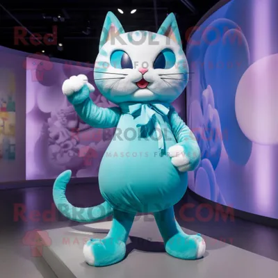 Produktbild von Maskottchen REDBROKOLY kostüm der cyan-blauen Katze bekleidet mit einem Wickelrock und Schnürsenkeln