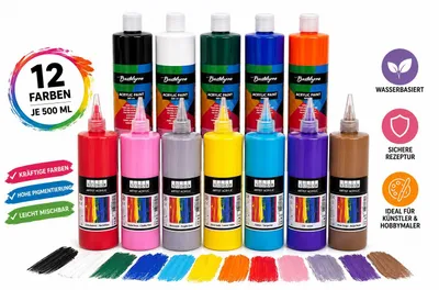 Produktbild von Acrylfarbe Acrylfarben-Set 12 x 500 ml – Hoch deckend, matt, für Pouring & mehr