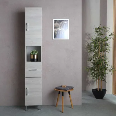 Produktbild von Hochschrank mit Türen, Schublade und offenem Fach, Glas-Regalböden und Bügelgriffe | Rimini