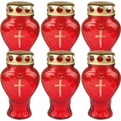 Productafbeelding van Glazen hartvormige graflichten, rood, set van 6. Grafkaarsen met een brandduur van 30 uur, 13,5 cm hoog