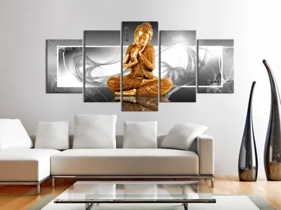 Image de Tableau acoustique Bouddha 200 x 100 cm Tableaux Mousse acoustique Absorbeur acoustique haute performance Isolation acoustique Toile 5 pièces Tableau mural Acoustique intérieure Isolation acoustique 020113-279