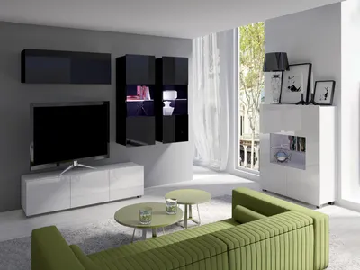 Produktbild von Wohnzimmer-Set CALABRINI-6 Wohnwand Hängewohnwand Schrankwand mit LED-Beleuchtung TV-Schrank Vitrine Kommode Anbauwand Hochglanz (Schwarz + Weiß)