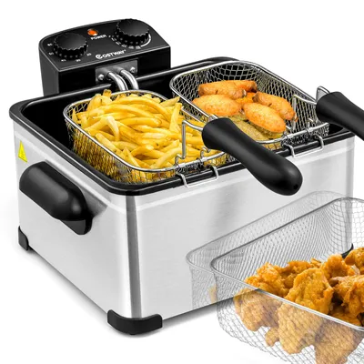 Productafbeelding van COSTWAY Friteuse, 5 liter, 1700W, roestvrijstalen friteuse met olie, 3 frituurmandjes, timer, instelbare thermostaat, kijkvenster en warmte-geïsoleerde handgreep