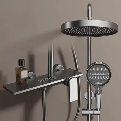 Immagine prodotto di Sistema doccia a pioggia con miscelatore, regolabile in altezza, soffione da 32,5 cm, doccetta manuale con 4 getti, colore grigio gunmetal