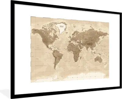 Produktbild von MuchoWow® MuchoWow® Gerahmtes Poster Weltkarte - Vintage - Braun 90x60 cm - Poster mit zchwarzem Bilderrahmen - Wanddekoration - Fotos