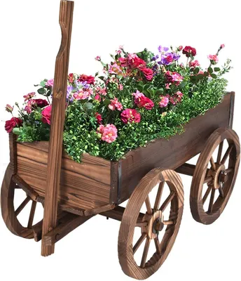 Produktbild von COSTWAY Pflanzwagen Holz mit 4 Rädern, Blumenkarre Garten Dekoration braun 120x43x53,5cm
