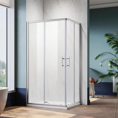 Immagine prodotto di SONNI doccia angolare LxPxH: 80x100x185cm ingresso angolare doppia porta scorrevole doccia vetro temperato di sicurezza funzione di sgancio rapido protezione dagli schizzi
