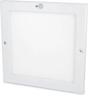 A square white LED light fixture with a motion sensor.