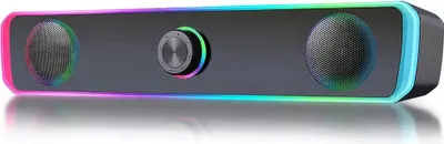 A computer speaker bar with RGB lighting.