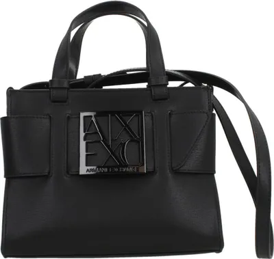 A black Armani Exchange handbag is shown against a white background.