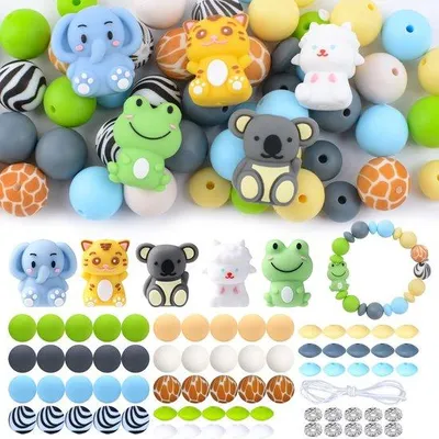 Image de 76 perles en silicone 3D colorées en forme d'animaux, ainsi que des perles irrégulières et rondes en vrac, idéales pour les projets de bricolage tels que des porte-crayons, des bracelets, des porte-clés et bien plus encore.