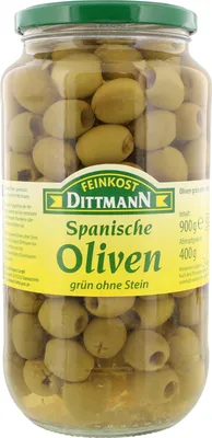 Produktbild von Feinkost Dittmann Spanische Grüne Oliven ohne Stein im Glas 900g