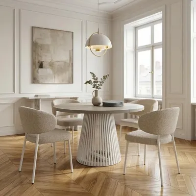 Produktbild von Runder Ausziehbarer Tisch für Esszimmer, DOVER - Industrial/Loft Still mit Lamellenbeine, Durchmesser: 90/190 cm, Farbe: Kaschmir / Weiß