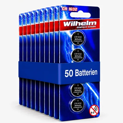 Produktbild von 50 x CR1632 WILHELM Blister Lithium Knopfzelle 3V 140 mAh ø16 x 3,2 mm Batterie DL1632, KI-generiertes Bild