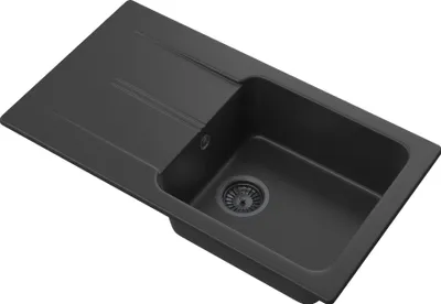 A black kitchen sink with a drainboard.