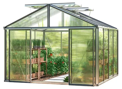 Image de GFP Serre Asteria 22 Premium 311x311 cm Panneaux double paroi 16 mm, couleur aluminium nature