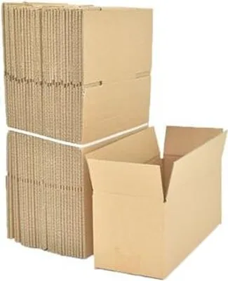 A stack of folded cardboard boxes and one open cardboard box.