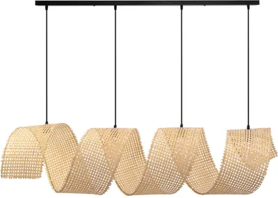 A pendant light fixture with a woven shade.
