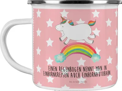 Produktbild von Mr. & Mrs. Panda Emaille Tasse Einhorn Regenbogen - Rot Pastell - Geschenk, Erwachsenwerden, Campingtasse, Pott, Einhornpower, Unicorn, Glitzer, Teetasse, Becher
