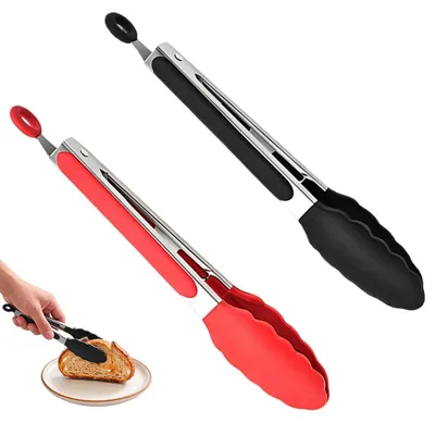 2er-Set Küchenzangen, Silikon/Edelstahl, 26,5 cm, hitzebeständig, rot/schwarz