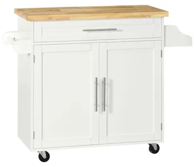 Image de Chariot de cuisine - Îlot de cuisine - Chariot de service - Étagère réglable - Armoire avec tiroir - Étagère à épices et porte-serviettes - Structure en bois - Blanc