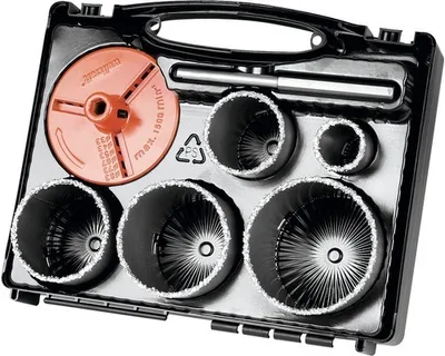 Zdjęcie produktu dla wolfcraft GmbH 3464000, Zestaw, Wiertarka, Cegła, Płyta gipsowa, Dachówka, Czerwony, Stal nierdzewna, Pokrycie z węglika wolframu Coated (TCC), 5,5 cm