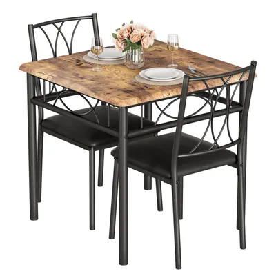 Image de Set de table à manger pour 2 table de cuisine et chaises, set de table de salle à manger carrée avec 2 chaises en métal et en bois, pour les petits espaces, appartement, marron rustique