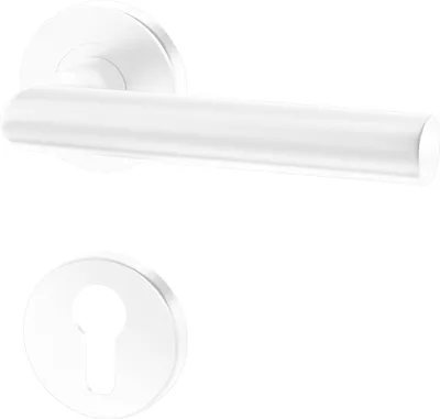A white door handle and keyhole escutcheon are shown against a white background.
