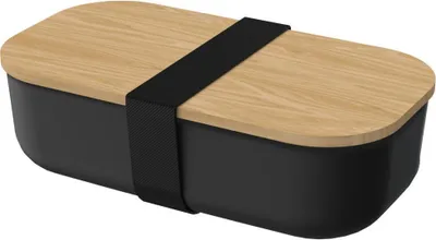 A black lunchbox with a wooden lid and a black elastic strap.