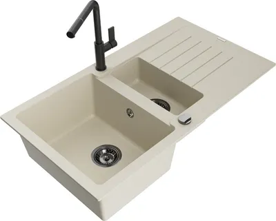 Produktbild von Mexen Matias 1,5-Becken-Granitspüle mit Abtropffläche und Mischbatterie Flora, Beige - 6502-69-670401-70-B