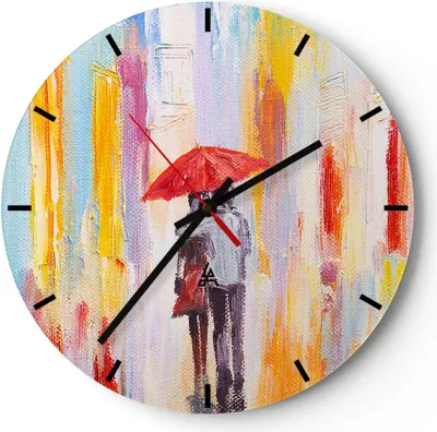 Produktbild von Wanduhr - Rund - Glasuhr - Liebhaber Regenschirm - 30x30cm - Schleichendes Uhrwerk - Lautlos - zum Aufhängen bereit - Dekoration Modern - Wanddekoration aus Glas - C3AR30x30-3692