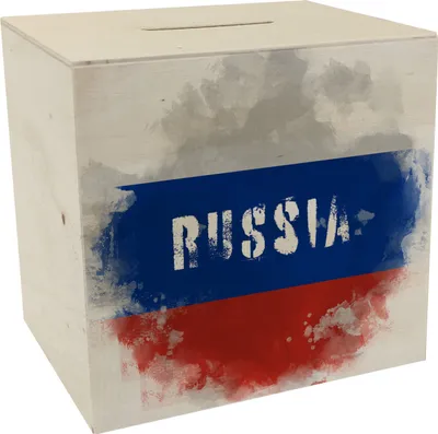 Produktbild von Spardose aus Holz mit Russland-Flagge im Used Look - Sparschwein für Urlauber