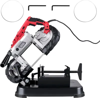 Immagine prodotto di SucceBuy Sega a nastro portatile da 5 pollici con capacità di taglio a batteria e base rimovibile in lega d'acciaio - Velocità variabile, motore da 10A, sega a nastro a taglio profondo per metallo e legno
