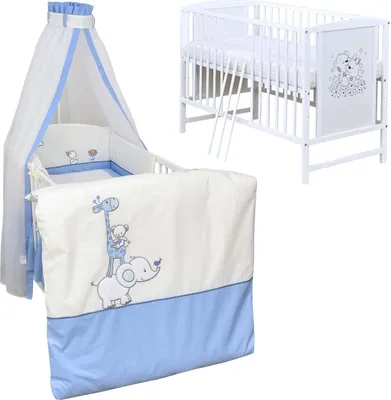 Produktbild von Baby-Delux Babybett Gitterbett Mia weiß 120×60 inkl. Matratze Bettwäsche Set 10tlg Zirkus Blau