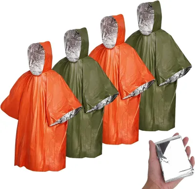 Productafbeelding van Noodponcho 4 stuks, regencape, waterdicht, winddicht, oranje en groen, voor kamperen