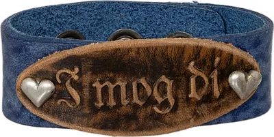 Produktbild von Damen Trachten Armband ImogDi 57988 aus blauem Echtleder, rustikal mit silberfarbenen Herzen