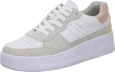 A studio shot of a single white sneaker with gray, pink, and yellow accents.