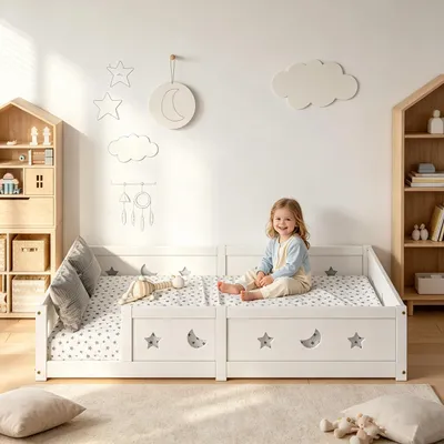 Immagine prodotto di Letto a terra per bambini INONEFT, 120x200, letto Montessori con sponde e porta, letto singolo in legno con rete a doghe, lettino per neonati in legno massello, bianco