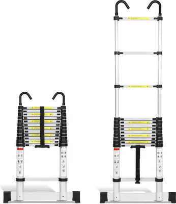 Immagine prodotto di Bettizia Scala telescopica in alluminio Premium Scala allungabile Scala pieghevole Altezza 3,8M Argento Scala multiuso antiscivolo con stabilizzatore e ganci estraibili