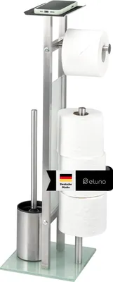Produktbild von eluno Stand WC-Garnitur 4in1, WC-Bürste, Rollenhalter und Ablage, aus rostfreiem Edelstahl und satiniertem Glas