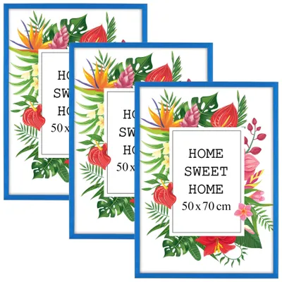 Produktbild von MG Design Set aus 3 Blau Bilderrahmen 50 x 50 cm - Aus echtem Holz mit Acrylglas, zum Aufhängen & Aufstellen, für Fotos, Poster & Puzzle