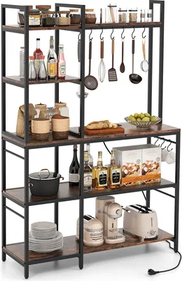 Produktbild von Costway Küchenregal Mikrowellenregal, Metallrahmen, 5 Ablagen, 10 S-Haken, USB & Typ-C Anschlüsse, Vintagebraun Rustikal, 107x37x160 cm, 100 kg Tragkraft