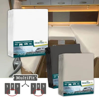 Image de Pack textile lit en longueur Camper avec matelas central - 2 jeux de draps-housses (3 pièces) et 1 jeu de draps-housses (3 pièces) - 1 Molton + 1 Anth - 1Molton+1Anthracite/1Sable