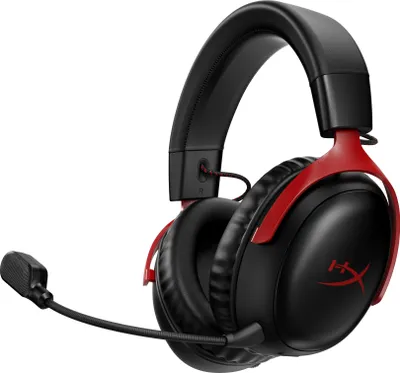 Obrázek produktu pro Bezdrátová herní náhlavní souprava HyperX Cloud III, DTS Headphone:X Spatial Audio, 2,4 GHz, výdrž baterie až 120 hodin, paměťová pěna, 10mm kovový mikrofon a potlačení hluku, PC/PS5/PS4/Switch, červená/černá