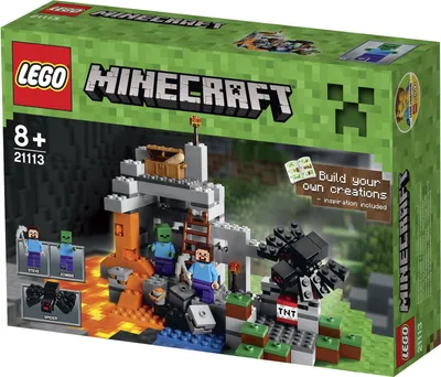 The image shows the LEGO Minecraft The Cave set packaging. The box displays a scene from the game with LEGO figures and structures, including lava and TNT.