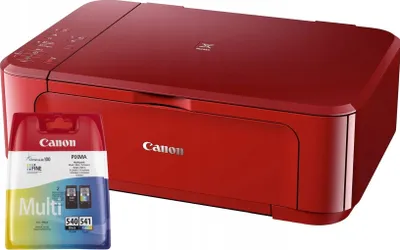 A red Canon Pixma printer and a multi-pack of ink cartridges are shown against a white background.