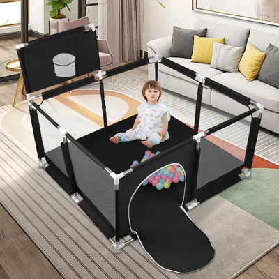 Produktbild von Baby Laufstall - Krabbelgitter - 126×126×66 cm - Metallrahmen - Mit Basketballkorb - Für 0–12 Monate - Schwarz