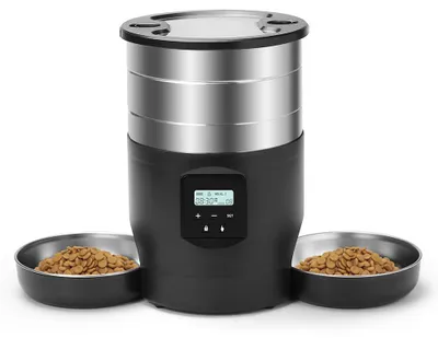 Obrázek produktu pro Automatický dávkovač krmiva pro kočky ze nerezové oceli 2 v 1 s programovatelným časovačem – 5 L, dvojité misky pro suché krmivo, duální napájení vhodné pro malé a střední psy a kočky