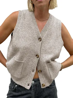 Produktbild von Imily Bela Damen Ärmellose Strickweste – Modischer, lässiger Sommer-Cardigan mit V-Ausschnitt, Knopfleiste und Taschen